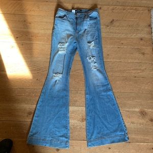 High rise large bell distressed jeans